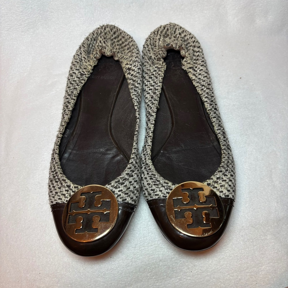 Tory Burch Reva Tweed Ballet Flats Brown Leather Gold Logo Medallion 9.5M